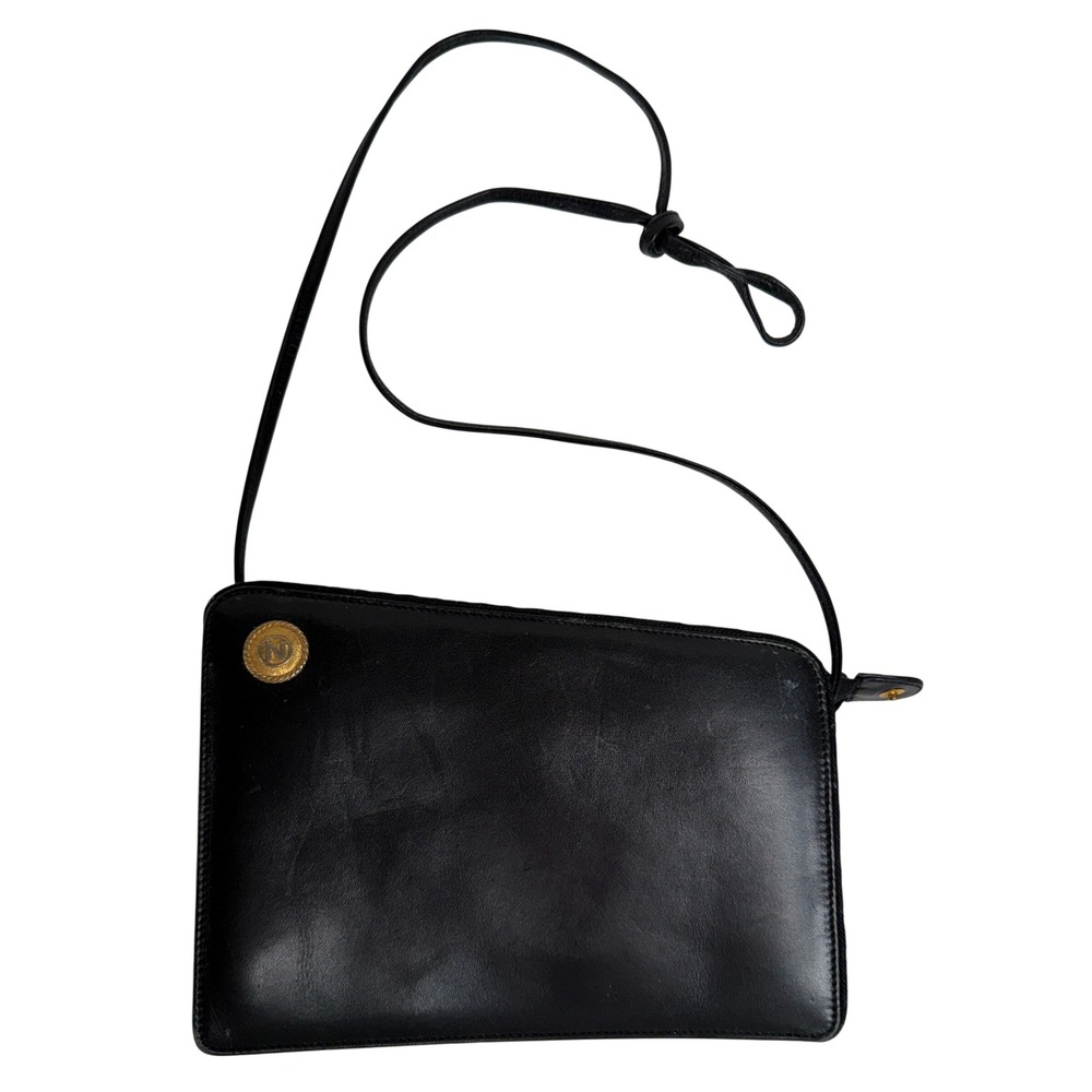 Albert Nipon Crossbody Bag Black Leather Vintage Gold Logo Medallion Minimalist